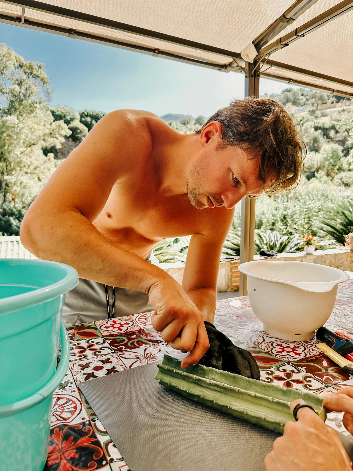 A shirtless man with brown hair is cutting an aloe vera leaf on a table outdoors under a canopy, with a scenic landscape of trees and hills in the background.